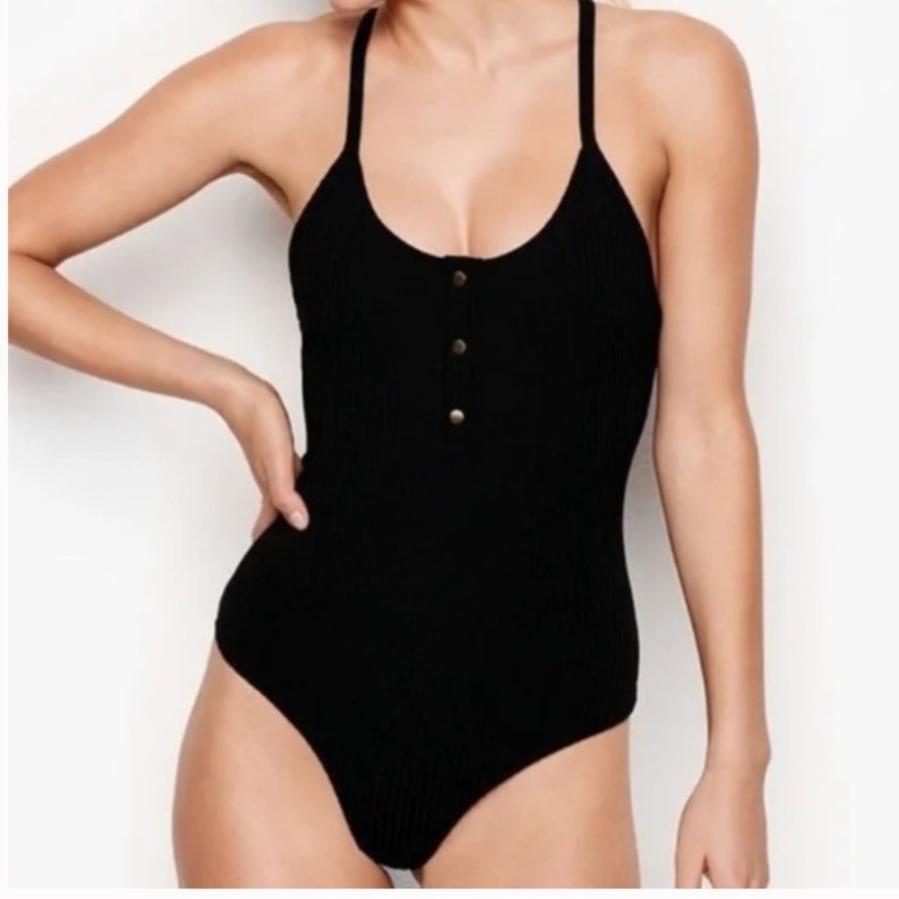 VS Victoria Sport Black Ribbed Thong Bodysuit Racerback Large